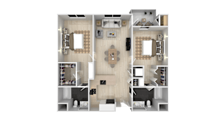 A detailed 3D floor plan of a modern apartment layout.