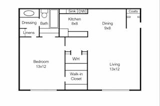 A floor plan of a house with a living room, dining room, kitchen, bathroom, and bedrooms.