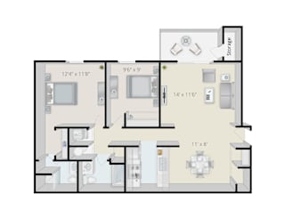 A floor plan of a house with a kitchen, living room, and two bedrooms.