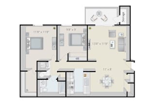 A floor plan of a house with a kitchen, living room, and two bedrooms.