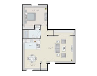 A floor plan of a house with a kitchen, living room, and two bedrooms.