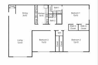 A floor plan of a house with a living room, dining room, kitchen, two bathrooms, and three bedrooms.