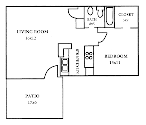 A floor plan of a house with a living room, bedroom, kitchen, and patio.