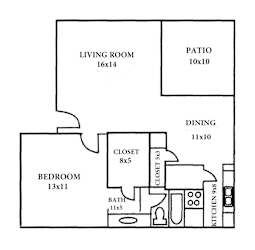 A floor plan of a house with a living room, dining room, bedroom, bathroom, kitchen, and patio.