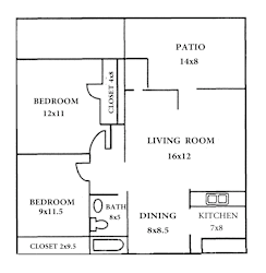 A floor plan of a house with a patio, living room, kitchen, two bedrooms, a bathroom and a closet.