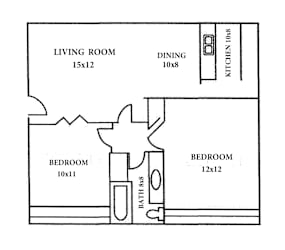 A drawing of a house layout with a living room, dining room, kitchen, and two bedrooms.