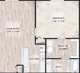 A floor plan of a small apartment with a living room, kitchen, bathroom, and two closets.
