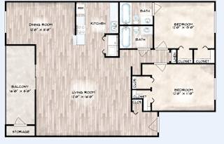 A floor plan of a house with a living room, dining room, kitchen, two bedrooms, a bathroom, a balcony, and storage.