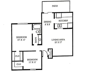 A floor plan of a home with a living area, two bedrooms, a dining area, a kitchen, and a patio.