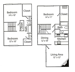 A floor plan of a two bedroom apartment with a living area.