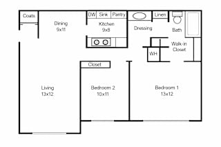 A floor plan of a house with a living room, two bedrooms, a dining room, a kitchen, a bathroom, a walk-in closet, and a pantry.