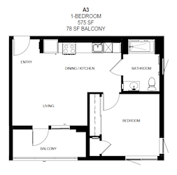 A 1 bedroom apartment with a living room, dining/kitchen area, and bathroom at Tellus on Carson Apartments in Torrance, CA, 90502