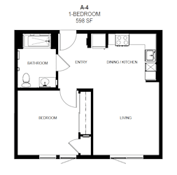 A floor plan of a one bedroom apartment with a living area, dining/kitchen area, and bathroom at Tellus on Carson Apartments in Torrance, CA, 90502