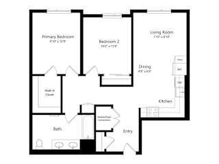 A floor plan of a home with a living room, two bedrooms, a bathroom, a dining area, and a kitchen.