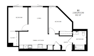 A black and white floor plan of a two bedroom apartment at Tellus on Carson Apartments in Torrance, CA, 90502