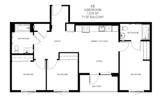 A floor plan of a 3 bedroom, 1 bathroom apartment at Tellus on Carson Apartments in Torrance, CA, 90502