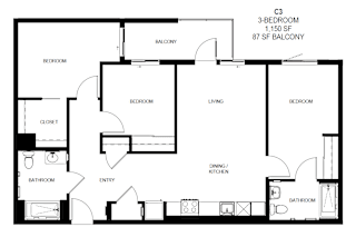 A black and white image of a floor plan for a 3-bedroom, 1,150 square foot apartment with a balcony at Tellus on Carson Apartments in Torrance, CA, 90502