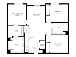 A black and white image of a floor plan for a house with three bedrooms and a living room.