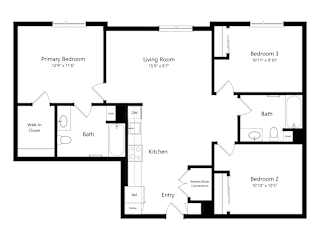 A black and white image of a house floor plan with a primary bedroom, living room, kitchen, and two bathrooms.
