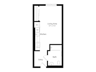 A floor plan of a small apartment with a living area, kitchen, bath, and entry.