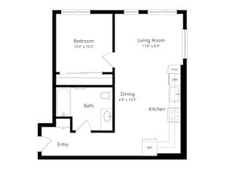 A black and white image of a floor plan for a small apartment.