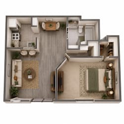 A top-down view of a modern apartment layout with a living room, kitchen, and bedroom.