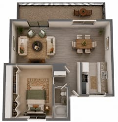 A top-down view of a living room with a dining area and a bedroom.
