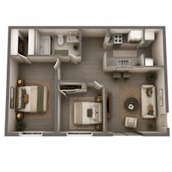 A top-down view of a modern apartment layout with a living room, kitchen, and bedroom.