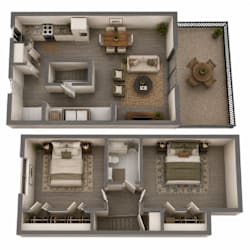A top and bottom floor plan of a house with a living room, dining room, kitchen, and bedrooms.