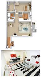 A floor plan and a photo of a living room with a black and white striped rug.