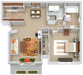 A top-down view of a house layout with a kitchen, living room, and bedrooms.