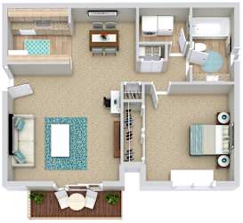 A floor plan of a house with a living room, dining room, kitchen, and two bedrooms.