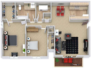 A top-down view of a small apartment with a kitchen, living room, and bedroom.