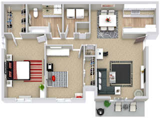 A floor plan of a house with a living room, dining room, kitchen, and two bedrooms.