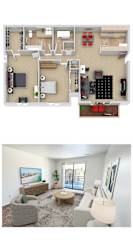 A top-down view of a house layout and a bottom-up view of a living room.
