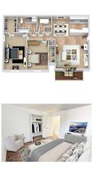 A floor plan and a photo of a bedroom with a bed, a couch, a TV, and a wardrobe.
