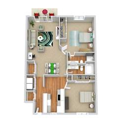 a stylized floor plan with a bedroom and living room