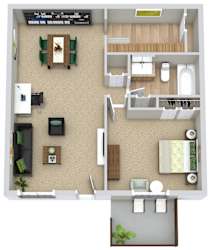 A floor plan of a house with a living room, kitchen, and bathroom.