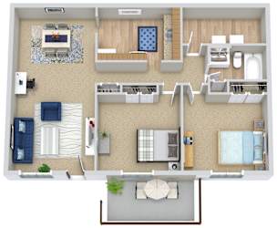 A floor plan of a house with a living room, kitchen, and two bedrooms.