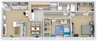 A top-down view of a house interior with a kitchen, living room, and bedrooms.