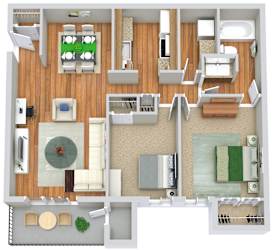 A top-down view of a living room, kitchen, and dining area.