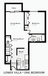 A floor plan of a one bedroom apartment with a living room, dining room, kitchen, and bathroom.