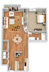 A floor plan of a house with a kitchen, living room, and dining area.