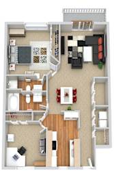 A floor plan of a house with a kitchen, living room, and two bedrooms.
