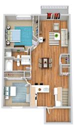 A top-down view of a small apartment with a kitchen, living room, and bathroom.