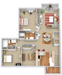 A top-down view of a house layout with a living room, kitchen, dining area, and bedrooms.