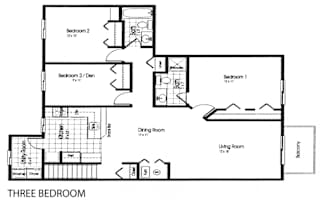 A black and white image of a three bedroom floor plan.