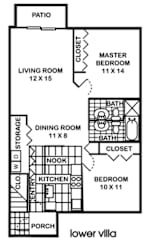a floor plan of a small house with a living room and a dining room