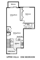 a floor plan of upper villa one bedroom with a bathroom and a living room