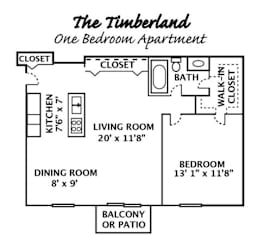 the floor plan of the tinkerland one bedroom apartment